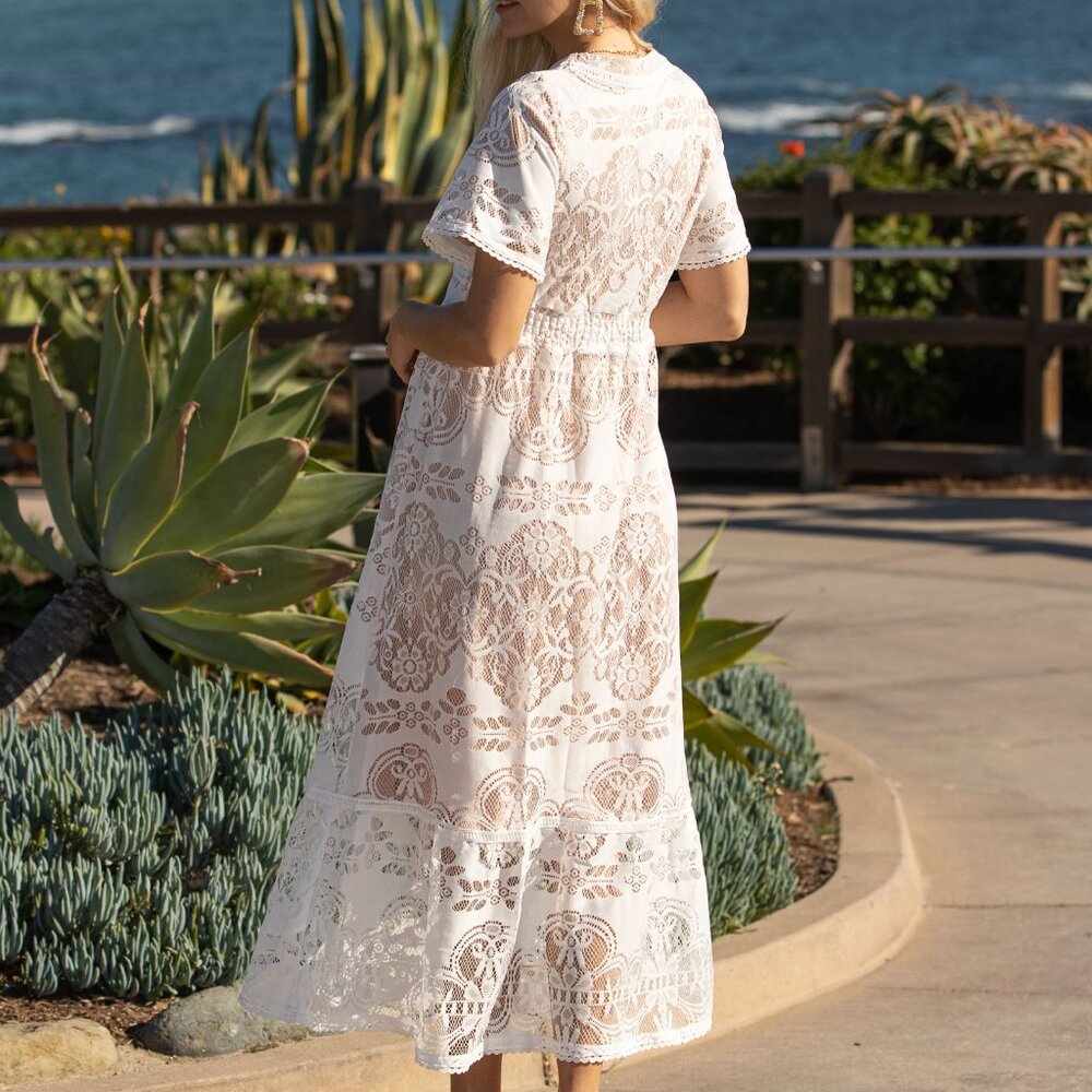 Lace midi dress- Smoked waistband, crochet lace trim - Picture 4 of 4